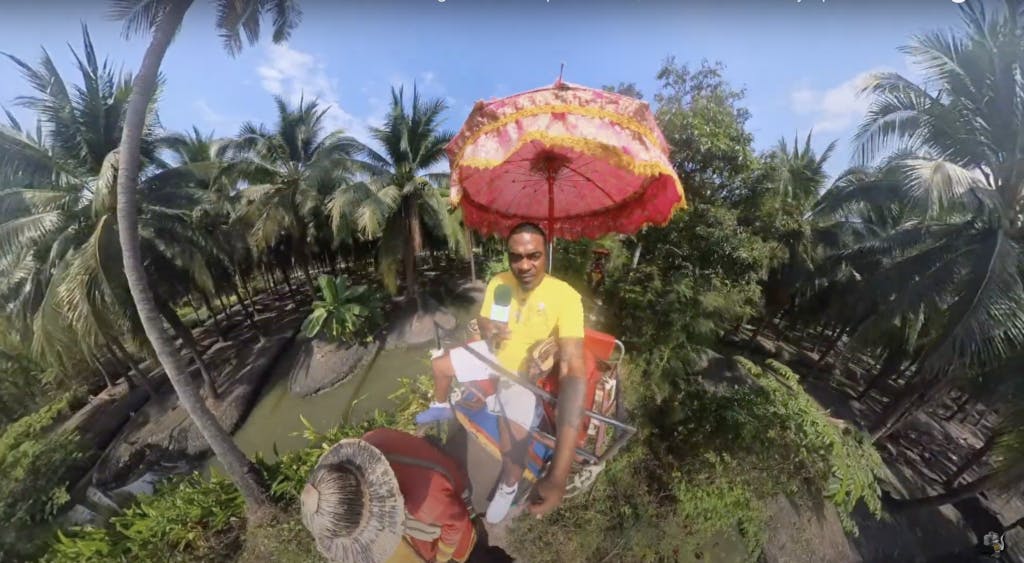 Mikhail Harrison rides an elephant in Thailand while enjoying GUMBO cannabis from the Cookies Bangkok store in January, 2023. (Pothead University)